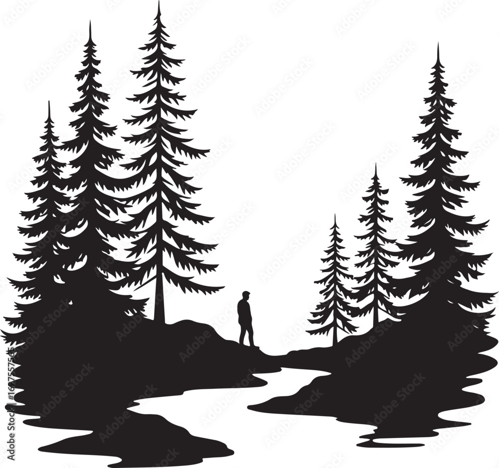 Fototapeta premium Romantic Forest Couple Silhouette SVGWedding Couple in Pine Forest Vector SceneRustic Woodland Love Silhouette Clipart