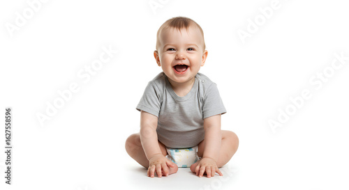 A cute baby sits with a cheerful smile, wearing a gray shirt, against a white background. Her expression is happy and innocent.