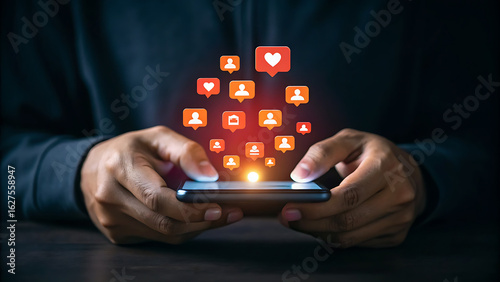 “Hands Holding Smartphone Surrounded by Heart Icons – Social Media Engagement and Online Popularity Concept”