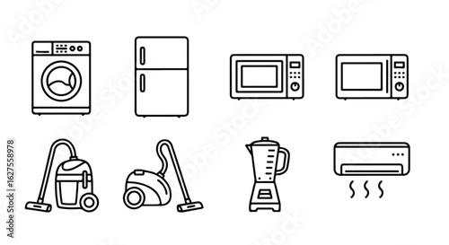 Household appliances illustration set featuring washing machine refrigerator microwave vacuum cleaner blender and air conditioner
