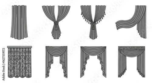 Illustrated collection of stylish curtains in various designs for interiors