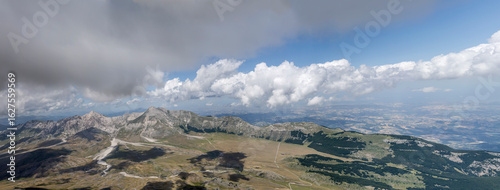 aerial landscape with broad Campo Imperatore upland and Laga mountain range, L'Aquila, Italy