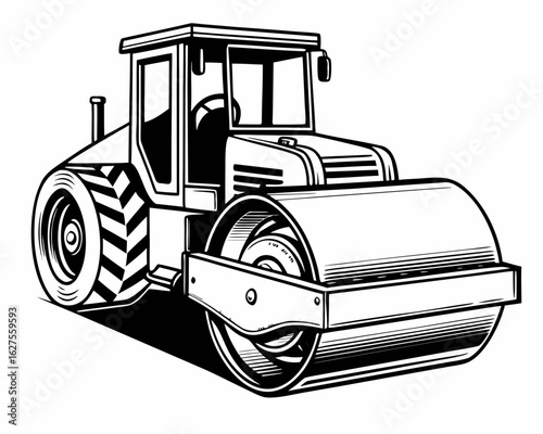 Road Roller Construction Vehicle Black and White Drawing
