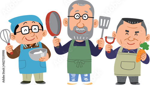 楽しそうに調理道具を持つ3人のシニア男性