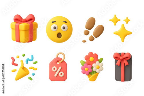 Colorful 3d emoji and gift icons for celebrations and decorations