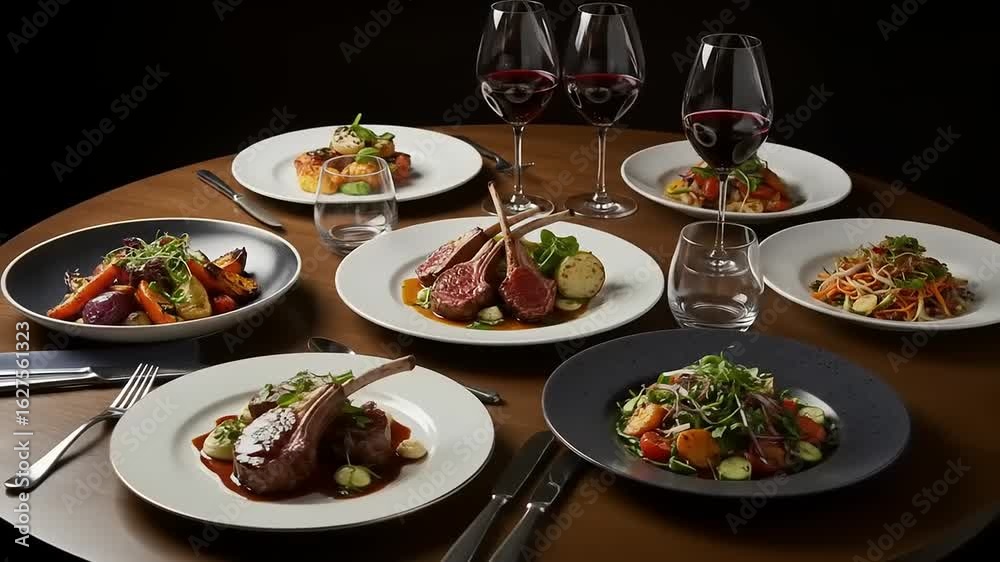 Elegant dining table featuring gourmet dishes and fine wine glasses, set in a sophisticated restaurant Elegant dining table featuring gourmet dishes and fine wine glasses, set in a sophisticated restaurant