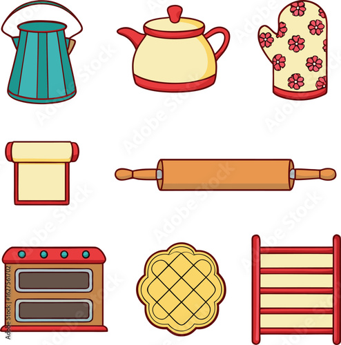 Collection of cartoon baking and kitchen utensils and appliances