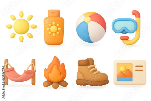 3d summer activity icons: sun, snorkel, and beach essentials for adventure