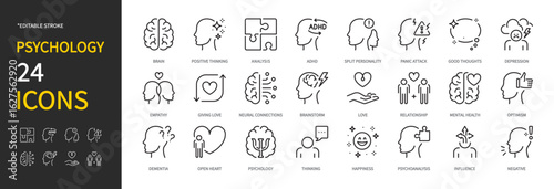 Psychology icon set. Brain, positive thinking, analysis, adhd, panic attack, depression, brainstorm, love, relationship, mental health, optimism, dementia, etc. Vector illustration. Editable stroke.