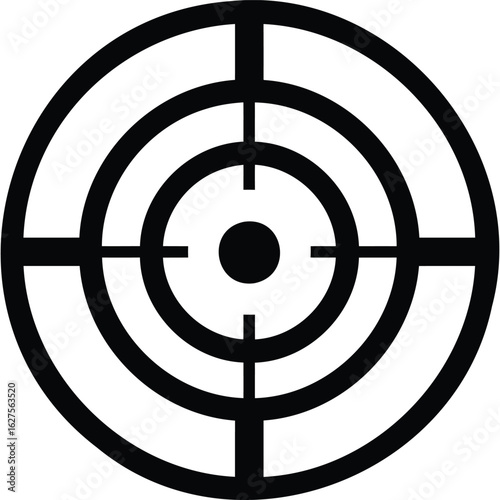 A simple black and white target with concentric circles and intersecting lines creating a bullseye design silhouette
