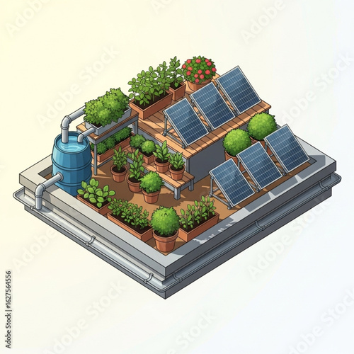 Isometric illustration of a rooftop garden with solar panels, plants in pots, and a water tank, showcasing sustainable urban living.
