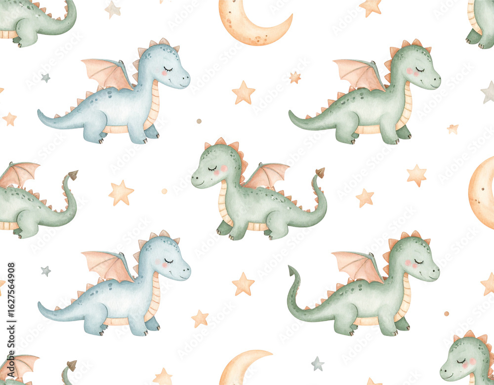 Obraz premium Seamless pattern with funny cartoon animals including a dragon, dinosaur, and giraffe