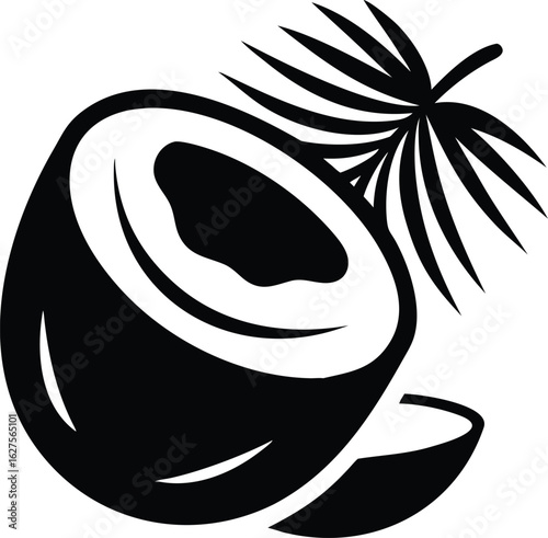 Vector illustration of illustration of a half coconut with a palm frond