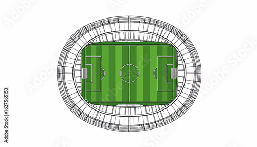 Overhead view of a large stadium with a green soccer field inside.