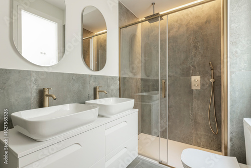 Bild auf Leinwand Modern bathroom space with a built-in porcelain sink, a wall-mounted mixer tap w