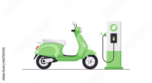A green scooter is parked next to a charging station, ready to power up.