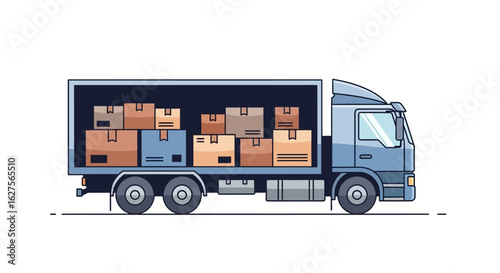 A delivery truck, fully loaded with various-sized cardboard boxes, ready for transport.