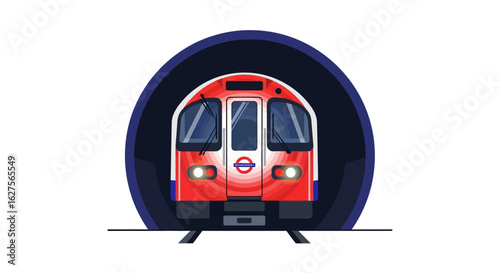 A stylized illustration shows a red train emerging from a dark tunnel.