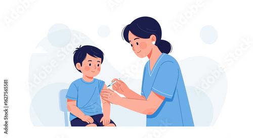 A nurse administering a vaccination to a young boy, a scene of healthcare and childhood immunization.