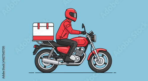 A delivery motorcycle rider in red uniform carrying a white box.