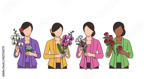 Four women in traditional Indonesian attire, each holding a different bouquet of flowers.
