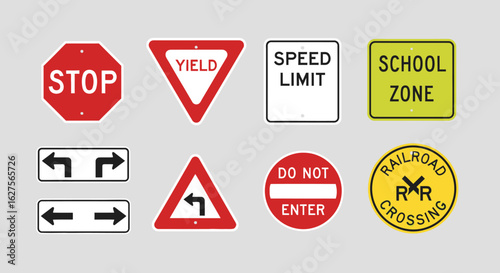 A collection of various road signs, each displaying important traffic instructions and warnings.