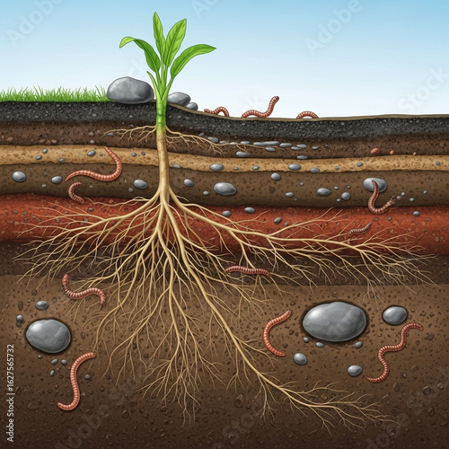 Illustration of a plant with roots extending into soil layers, accompanied by worms and rocks.