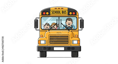 Cartoon illustration of a yellow school bus with a driver and two children waving from the windows.