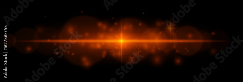 Horizontal flare with glowing center, soft bokeh, and scattered particles. Suitable for overlays, digital art, decorative accents, and light effects.