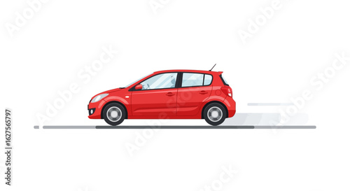 A vibrant red hatchback car speeds along a road, motion blurred, suggesting swift travel.