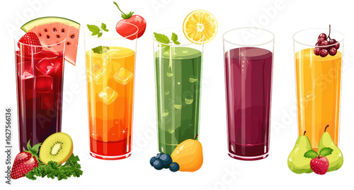 PNG. 6 different types of fruit and vegetable smoothies, watermelon juice in glass with ice cubes, mango orange juice in transparent cup with leaves on white background