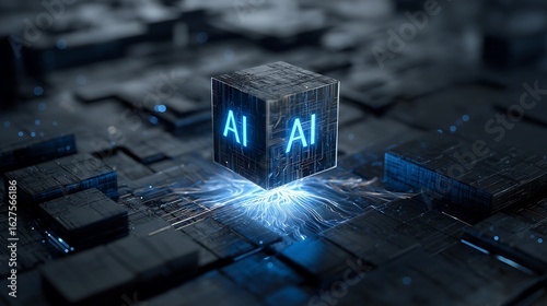 3D Cube with Glowing AI Letters Suspended Over Circuit Grid – Futuristic Tech-Inspired Digital Render