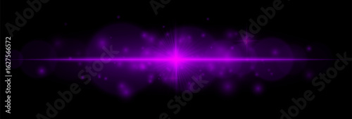 Horizontal flare with glowing center, soft bokeh, and scattered particles. Suitable for overlays, digital art, decorative accents, and light effects.