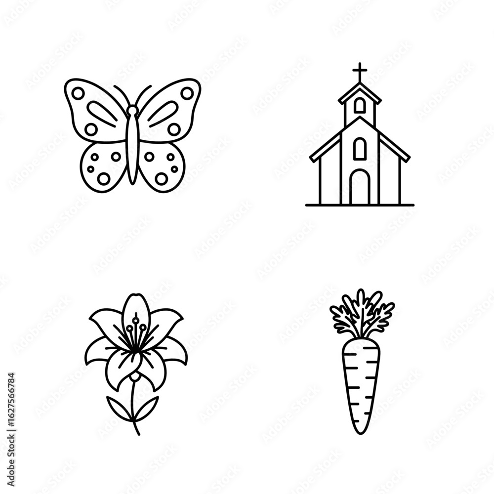 Obraz premium Collection of Easter-themed icons, including Butterfly (symbol of rebirth), Church (with a cross on top), Easter lily (classic Easter flower), Carrot (bunny’s favorite food)