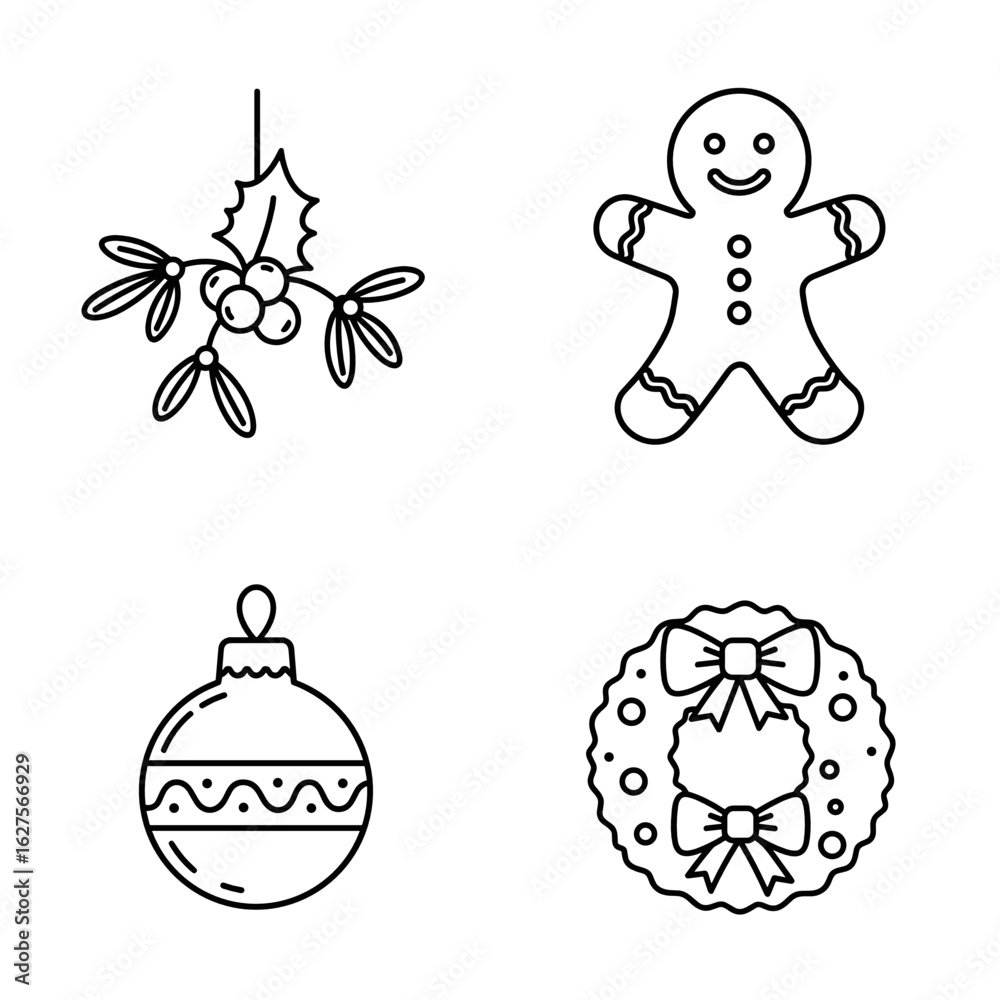 Fototapeta premium Collection of Christmas-themed icons, including Mistletoe, Gingerbread man, Christmas ornament, Wreath 