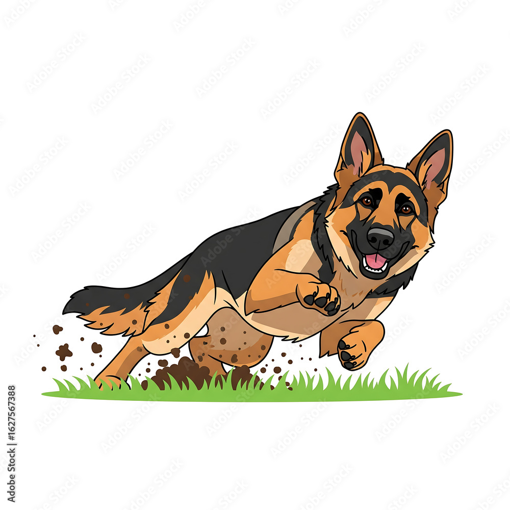 Obraz premium German shepherd dog running and playing in the grass, isolated on white background