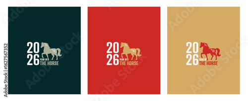 Happy Chinese New Year beautiful modern card set. 2026 Year of the Horse.	