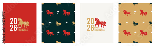 Happy Chinese New Year card set with seamless pattern. 2026 Year of the Horse.	