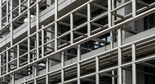 Intricate metallic grid structure on a modern building's facade, showcasing architectural precision and design. The image captures the industrial-inspired framework's geometric patterns.