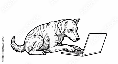 Dog working on laptop computer, digital pet, online activity
