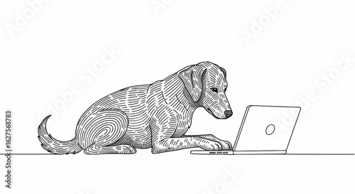 Dog working on laptop computer, digital pet, online activity