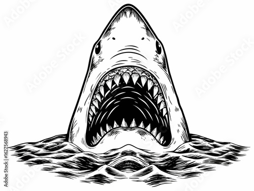 Hand Drawn Great White Shark with Open Mouth Vector