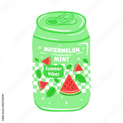 Soda in aluminum can with watermelon and mint flavor. Vector illustration in hand drawn style. Soft drink for advertising, posters, packaging and merch