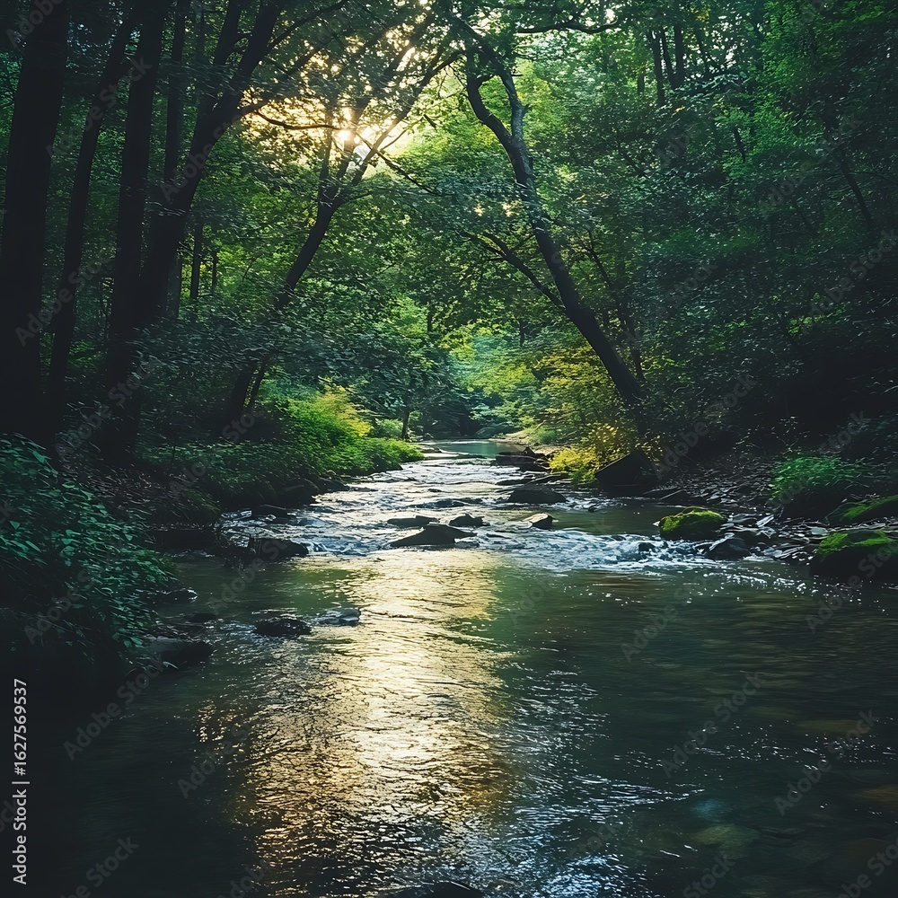 Fototapeta premium Beautiful waterfall in forest framed by sunlight and greenery high resolution picture