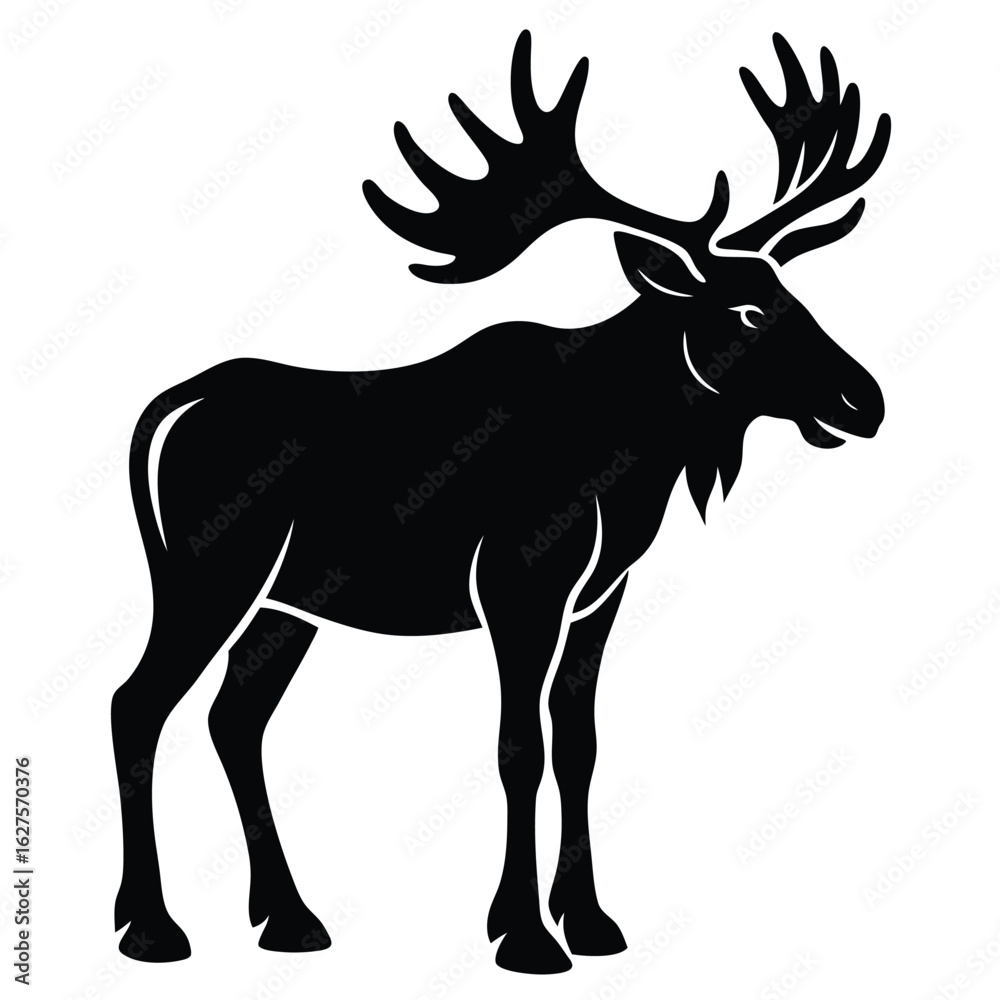 Fototapeta premium Black silhouette of a moose with large antlers on white deer animal