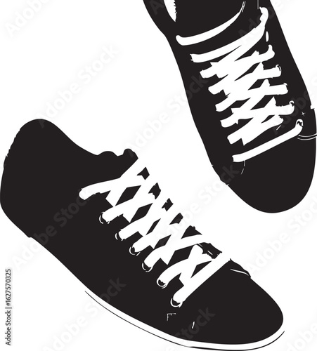 High-angle, full shot of two black sneakers set against a plain white background.