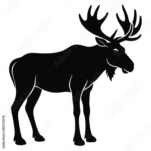 Black silhouette of a moose with large antlers on a white background animal