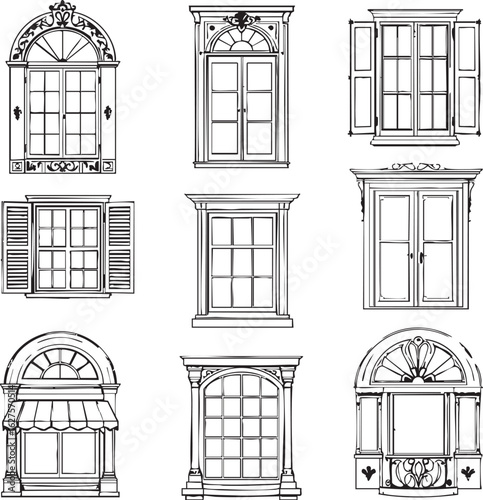 A collection of detailed black and white line drawings showcasing various architectural window and door styles.