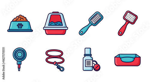 Pet care supplies collection food litter brushes leash and bed