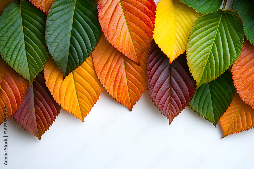 Fototapeta premium Vibrant autumn leaves in a spectrum of colors from green to red, arranged as a top border on a white background.
